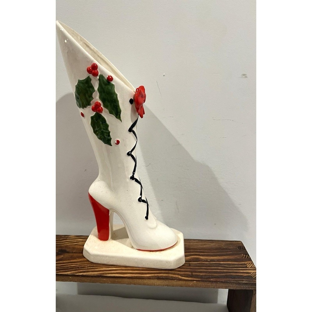Vintage Ceramic Christmas Boot Figurine Hand Painted Glossy Holly Pattern 11 in